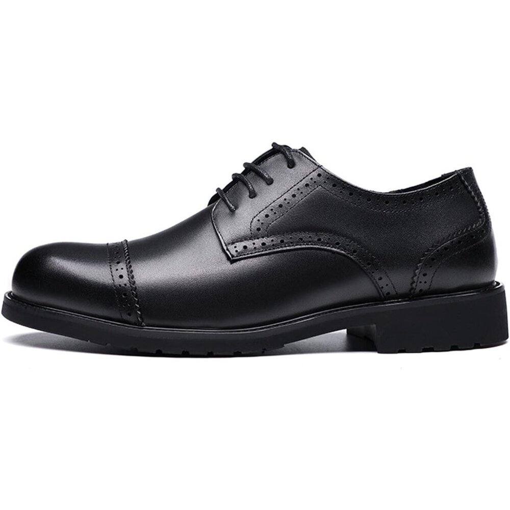 Derossi Oxford Shoes Men Black Leather Lace Up Cap Toe Rubber Sole Classic